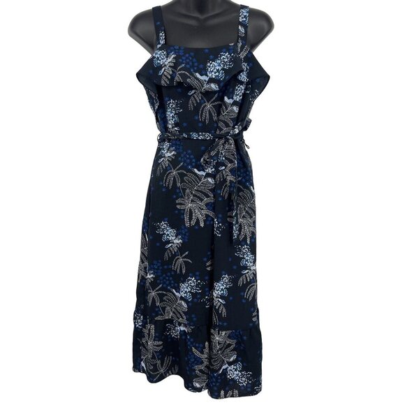 Banana Republic Women Dress Size 2 Shift Midi Ruffle Blue Black Floral NWT New - Picture 1 of 8